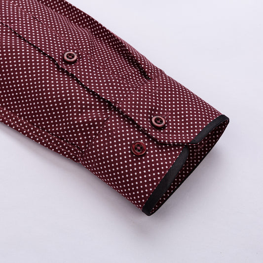 husszú ujjú bordó slim fit férfi ing fehér pöttyökkel