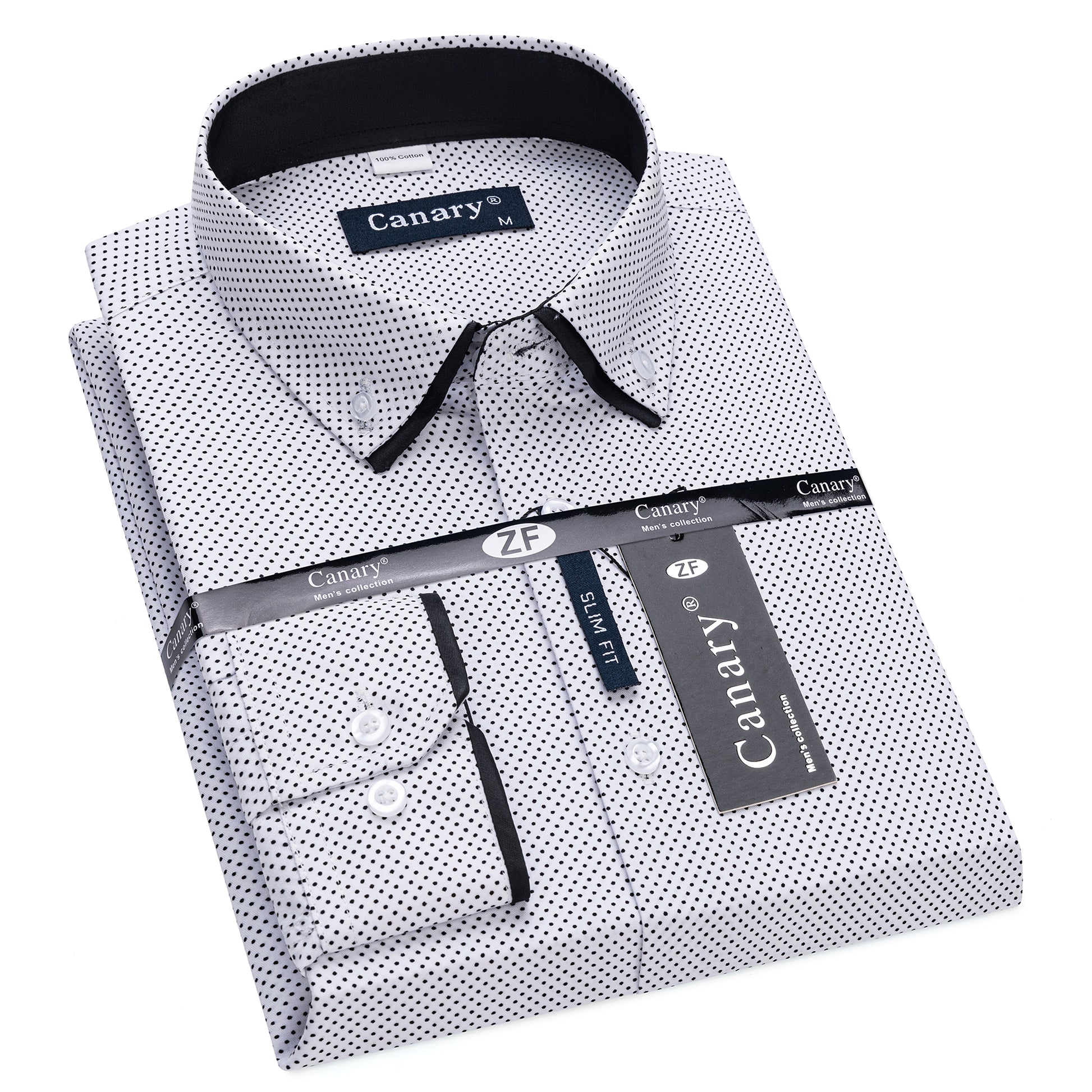 fehér slim fit férfi ing fekete pöttyökkel és fekete szegélyekkel elegáns csomagolásban